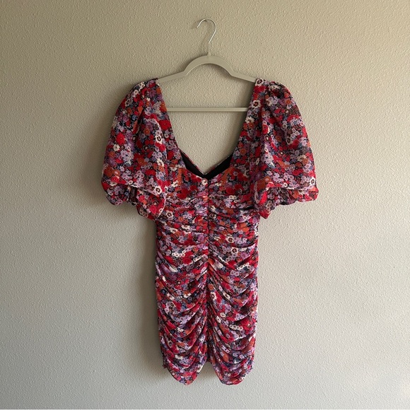 NWT Zara Pink and Red Ruched Puff Sleeve Bodycon Mini Dress Small - Picture 8 of 14
